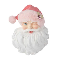 Winking Santa Face With Pink Hat Wall Art - 43cm