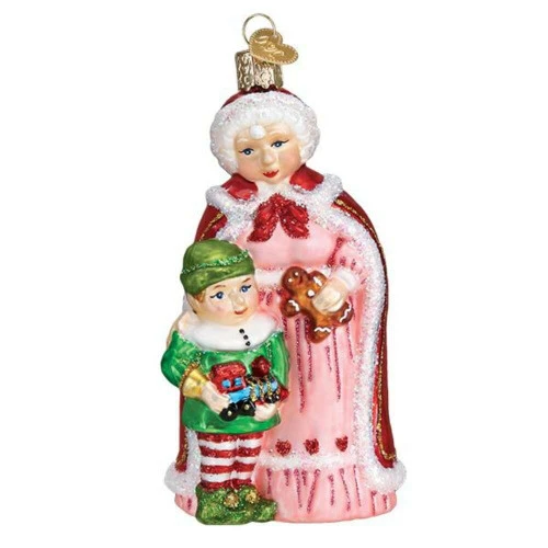 Mrs Claus With Elf Glass Ornament - 13cm